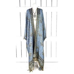 Maxi steel blue and gold paisley pashmina kimono cover up fringe jacket